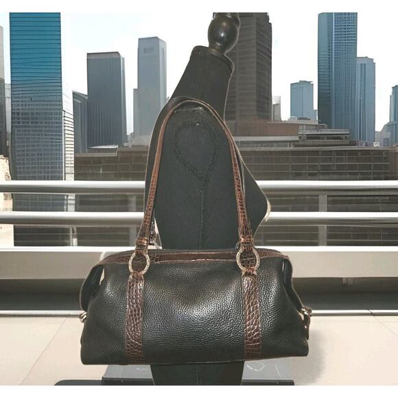 Brighton Pebbled Leather Shoulder Bag, Black Brown Croc Embossed Trim 14x8x4 - Picture 1 of 15